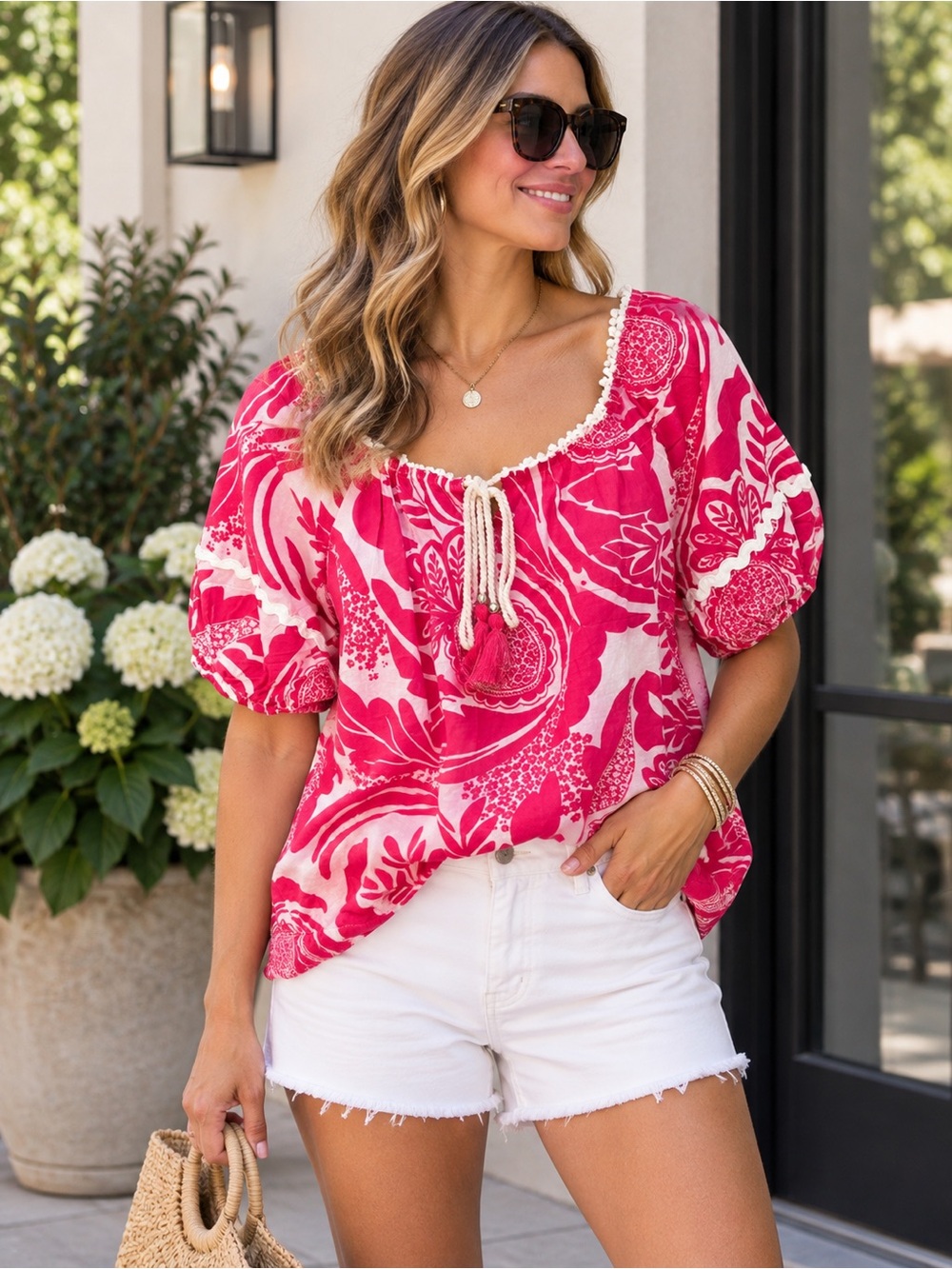 Mlle Gabrielle Pink Floral Tie-Front Puff Sleeve Tunic